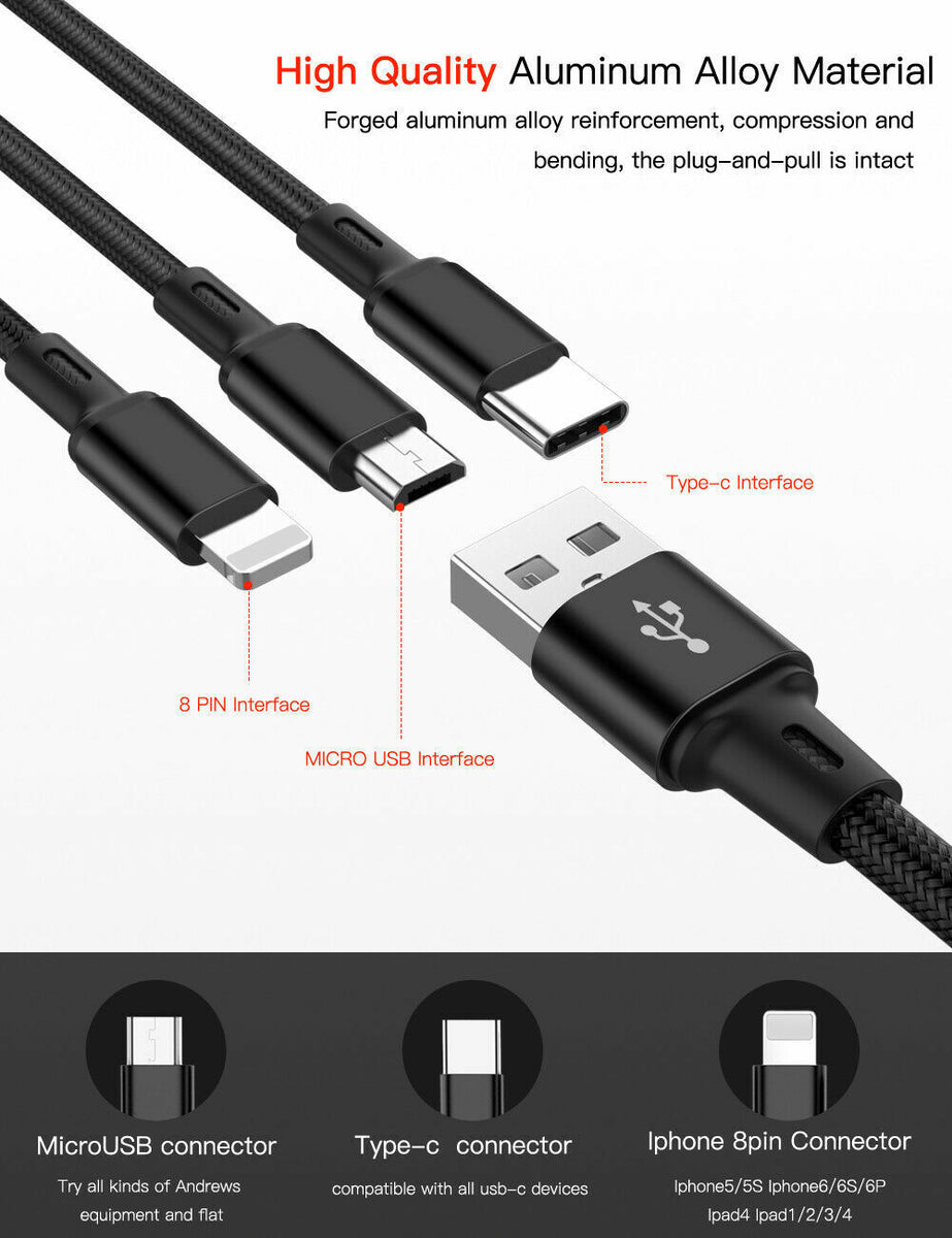 3 In 1 Universal USB Multi-Function USB A to C Micro Lightning Multi C ...